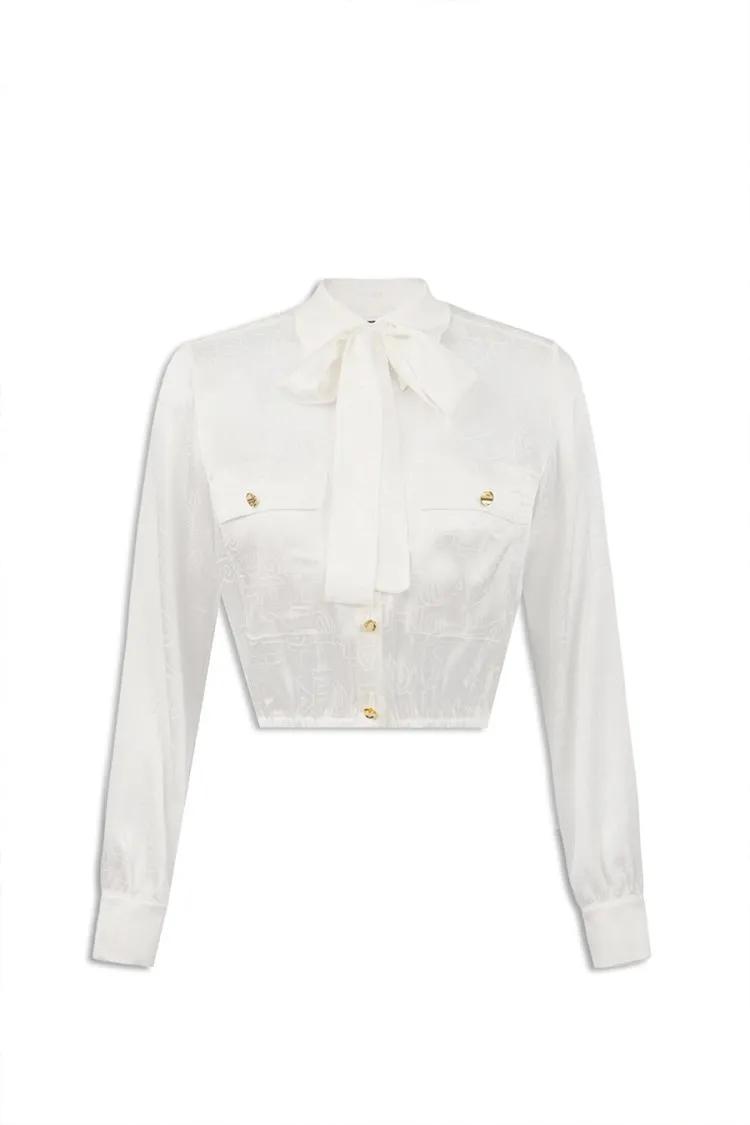 Thumbnail - Elisabetta Franchi - Cropped Sky Shirt With Bow Tie - Größe 44 - weiß