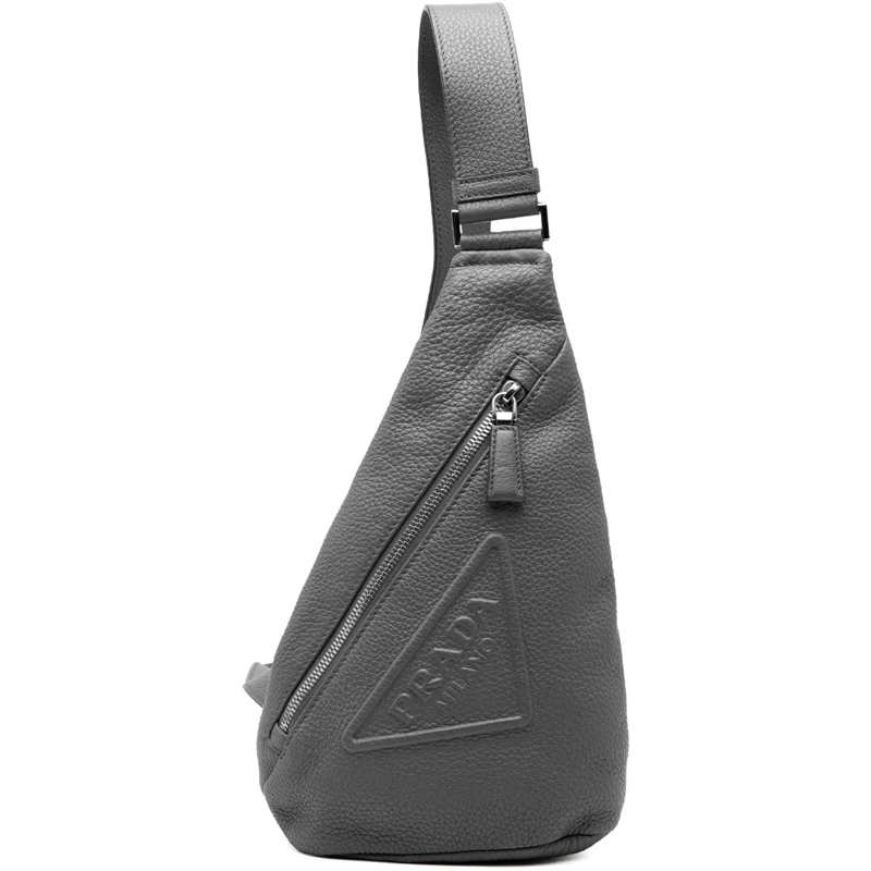 Prada Schultertasche Vitello Daino Logo Embossed Sling Bag grau