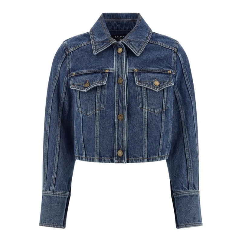 Balmain Jeansjacke Cropped Denim Jacket With Classic Collar Blue
