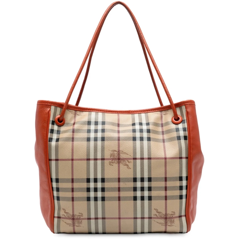 Burberry Shopper Small Leather Trimmed Haymarket Check Coated Canva braun