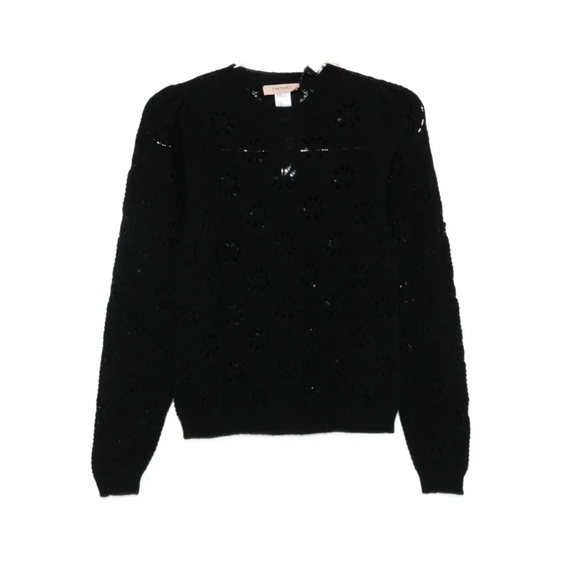Twin-Set Pull Black Sweater With Floral Openwork Detailing Black