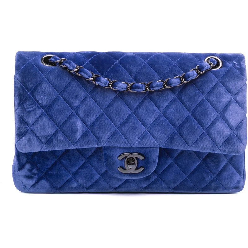 Chanel Sac à bandoulière Medium Classic Velvet Double Flap blau