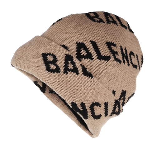 Balenciaga Logo All Over Beanie Wool Beige/Black Wollen Hoed