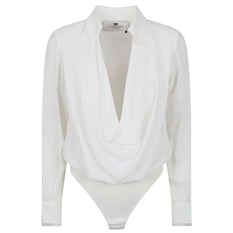 Elisabetta Franchi  Draped Front Panel Long-Sleeved Bodysuit White