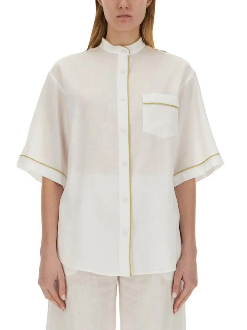 Thumbnail - Fabiana Filippi - Relaxed Fit White Linen Shirt With Mandarin Collar - Größe 44 - weiß