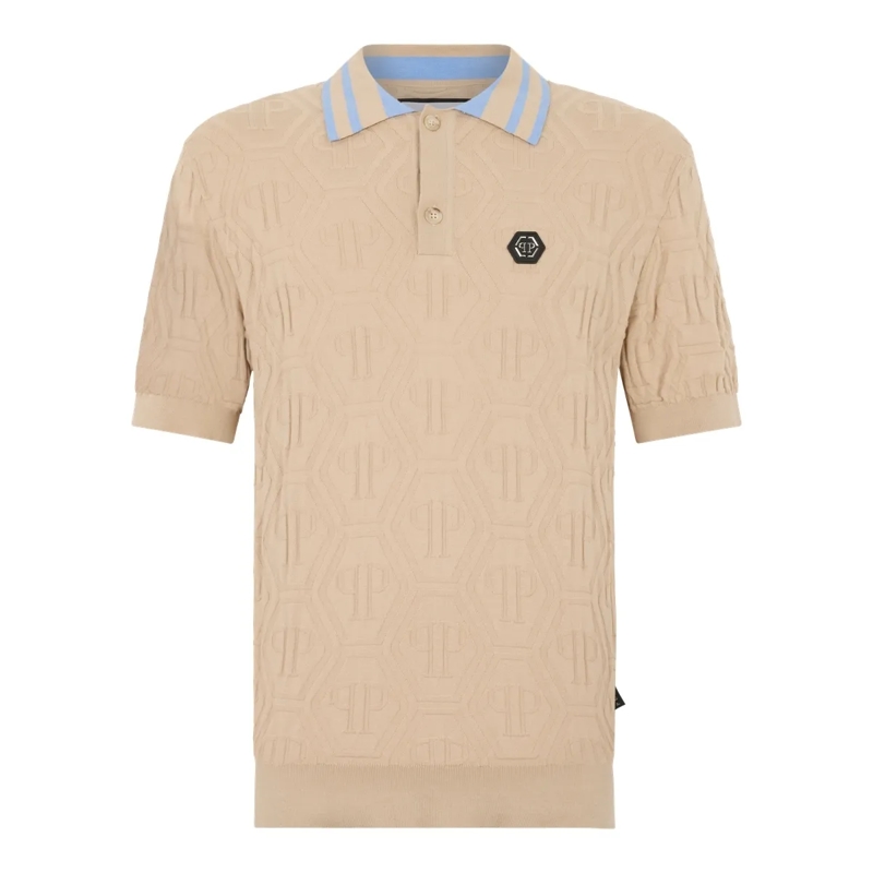 Philipp Plein Top Knitted Polo T-Shirt Jacquard Monogram beige