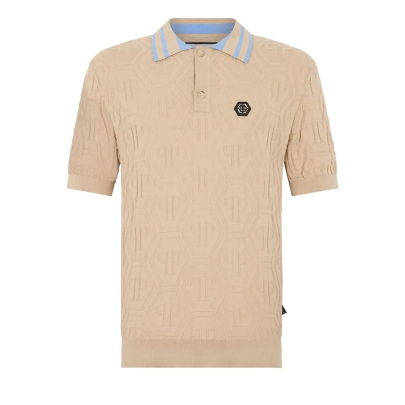 Philipp Plein Poloshirt Knitted Polo T-Shirt Jacquard Monogram beige