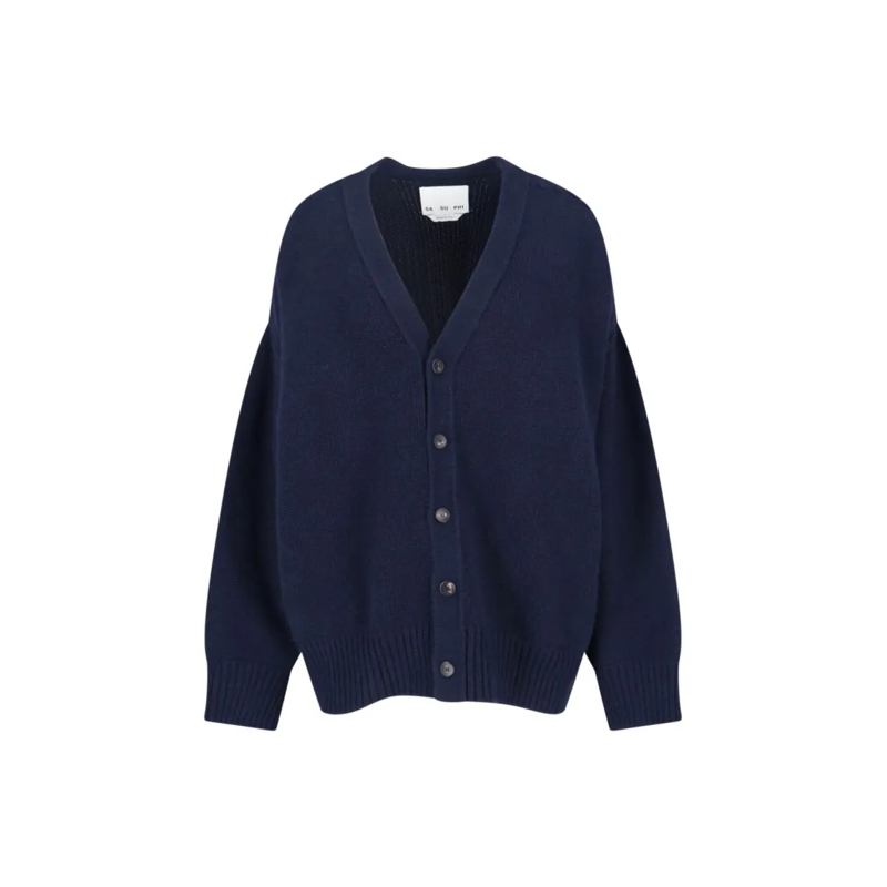 Sa Su Phi Cardigan Navy Blue Knitted Cardigan With V-Neckline And But Blue