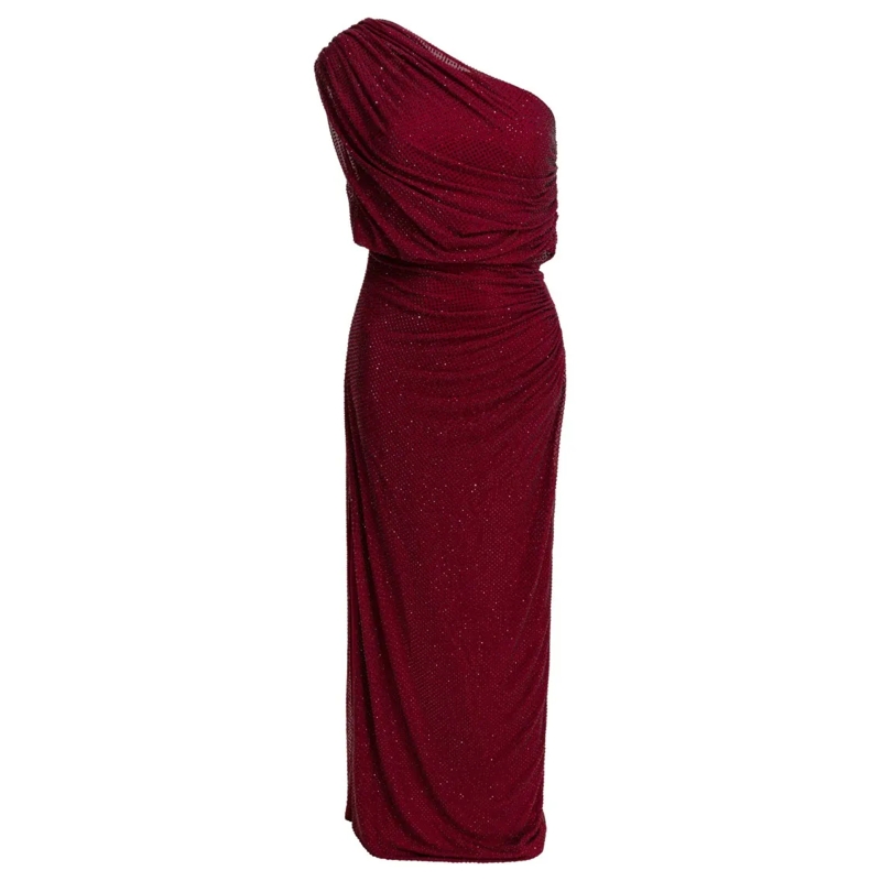 Self Portrait  Draped Midi Dress With Rhinestones Red