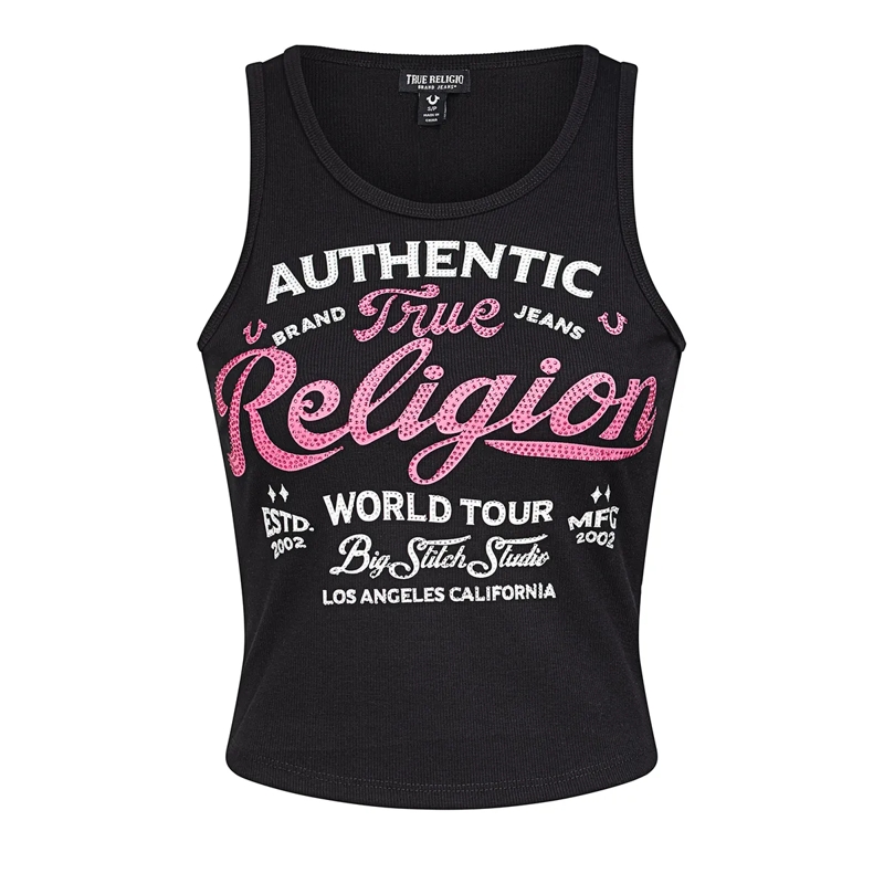 True Religion Top - Tanktop- Gerippt- Logo mit Ziersteine besetzt schwarz