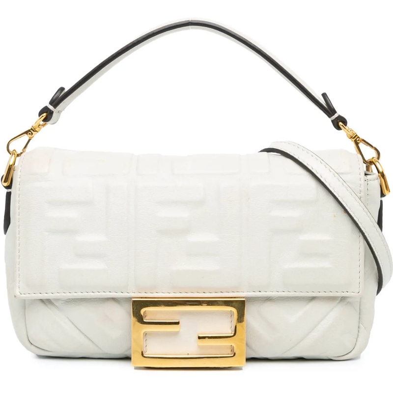 Fendi Schultertasche Mini Zucca Embossed Leather Baguette Satchel weiß