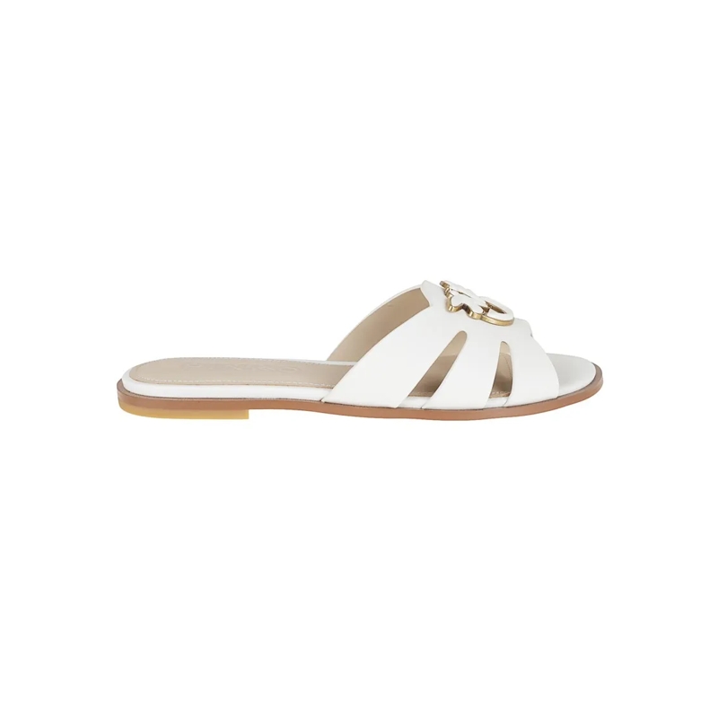 Pinko Sandalen Open-Toe Leather Slippers With Metallic Emblem White