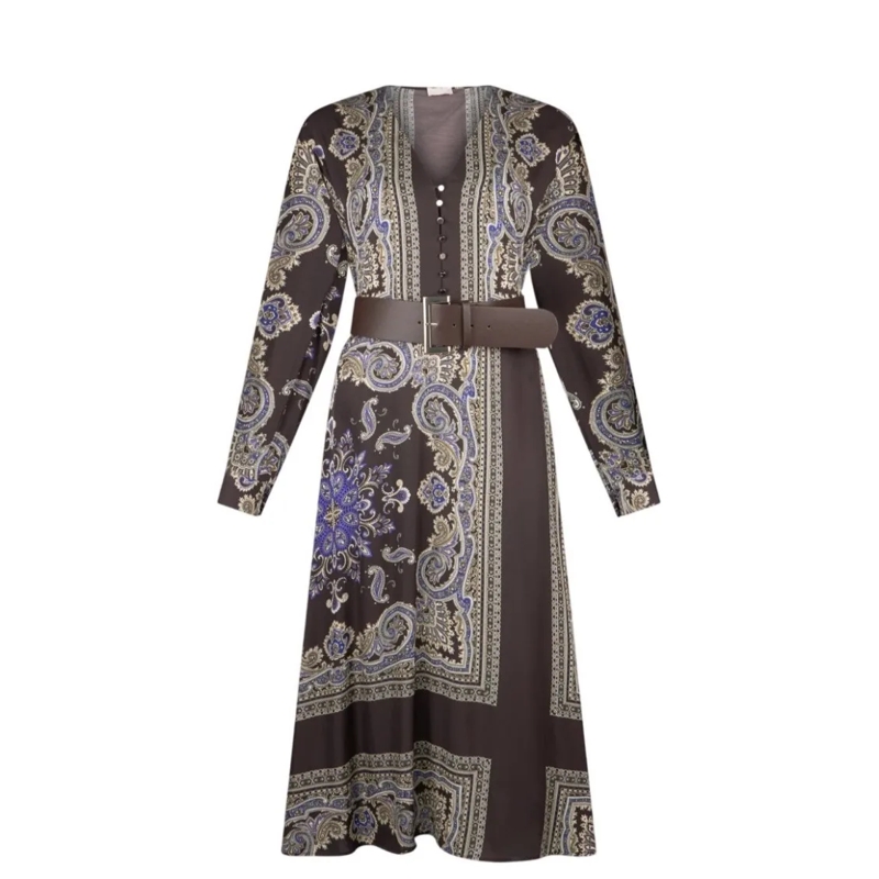 LIU JO Robe midi Print Midi Dress With Belted Waist Grey