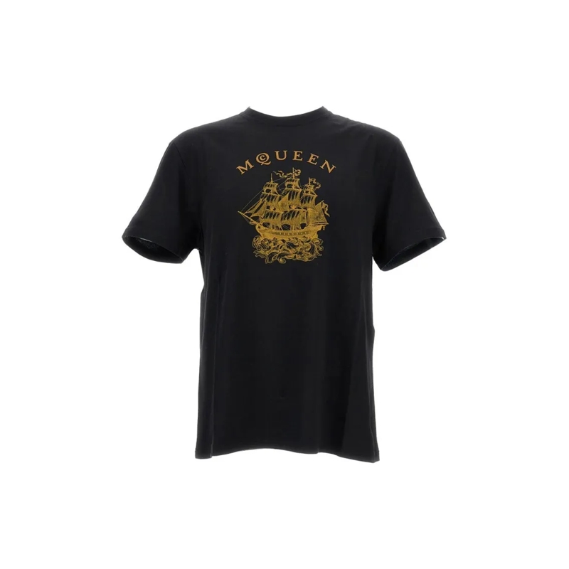 Alexander McQueen T-shirt Crewneck T-Shirt With Gold Ship Graphic Black