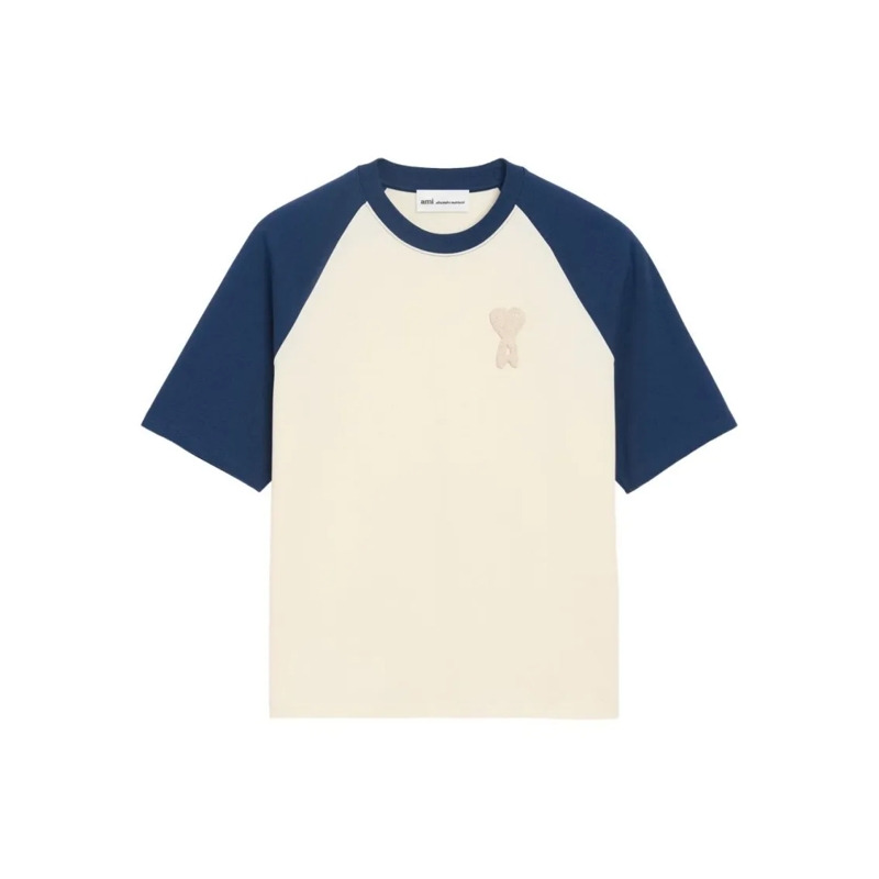 AMI Paris T-Shirt Beige Two-Tone T-Shirt With Navy Raglan Sleeves White
