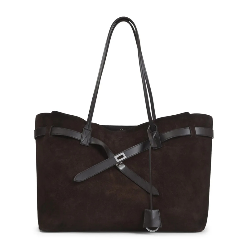 Balenciaga Tote Spacious Brown Suede Shoulder Bag With Crossed Str Black