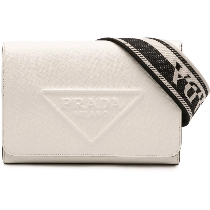 Prada Schultertasche Saffiano Triangle Embossed Logo Flap Crossbody weiß