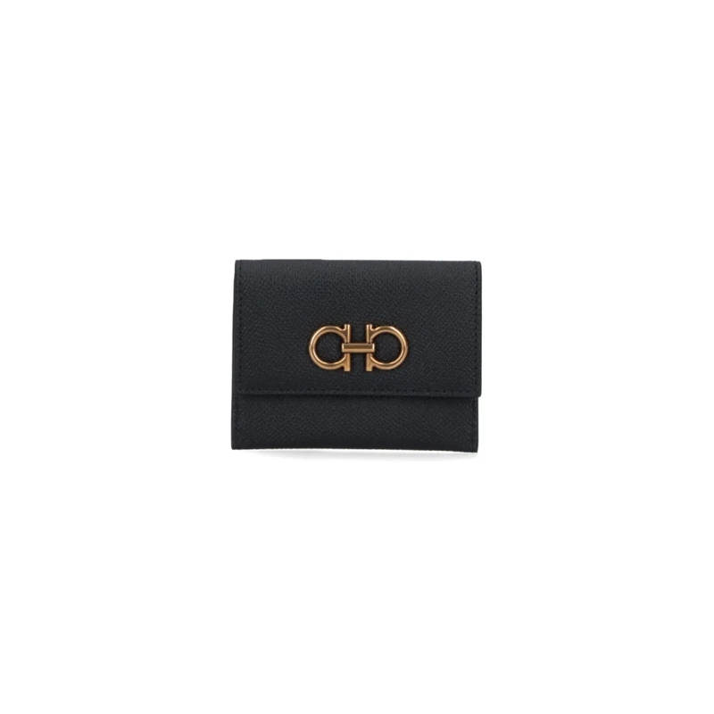 Salvatore Ferragamo Geldbörse Textured Black Leather Cardholder With Gold Emblem Black