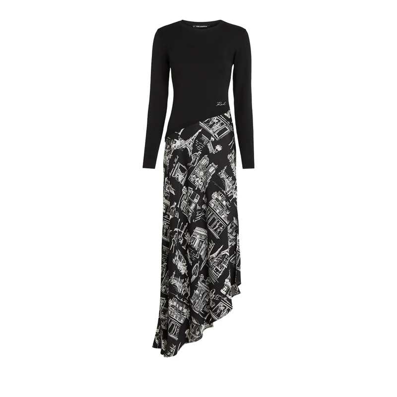 Karl Lagerfeld Kleid Midi-Kleid mit Paris-Skizze schwarz