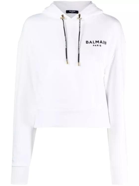 Balmain - Flocked-Logo Cropped Hoodie - Größe XL - white