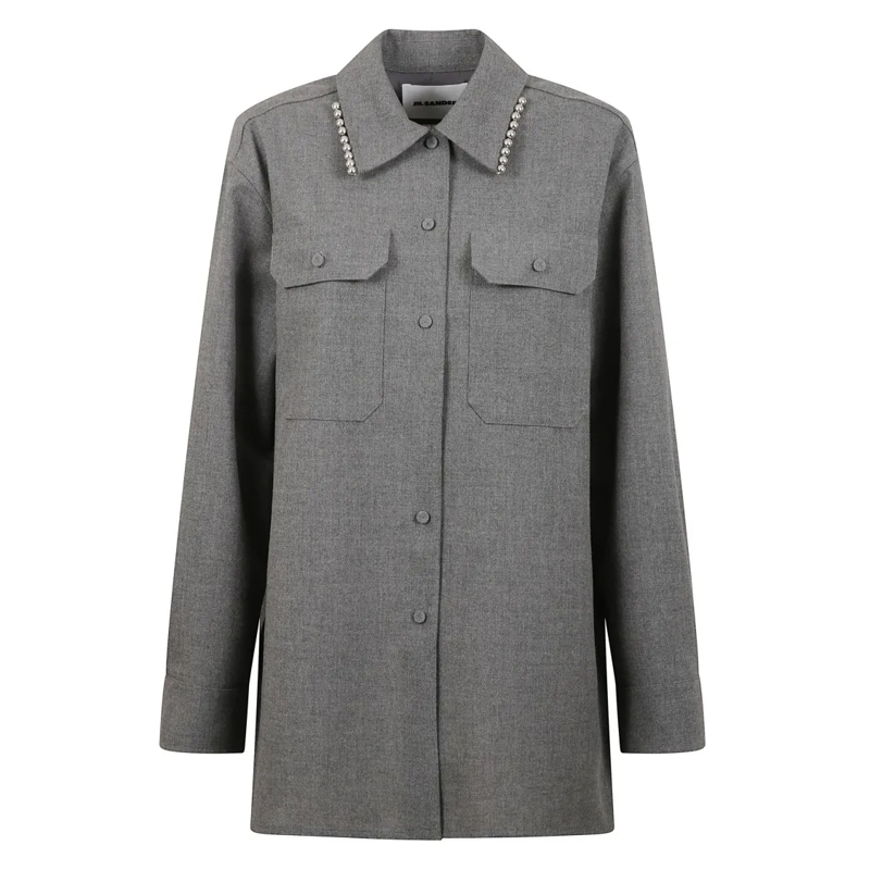Jil Sander Hemd Long Wool Blend Shirt With Beaded Details Grey