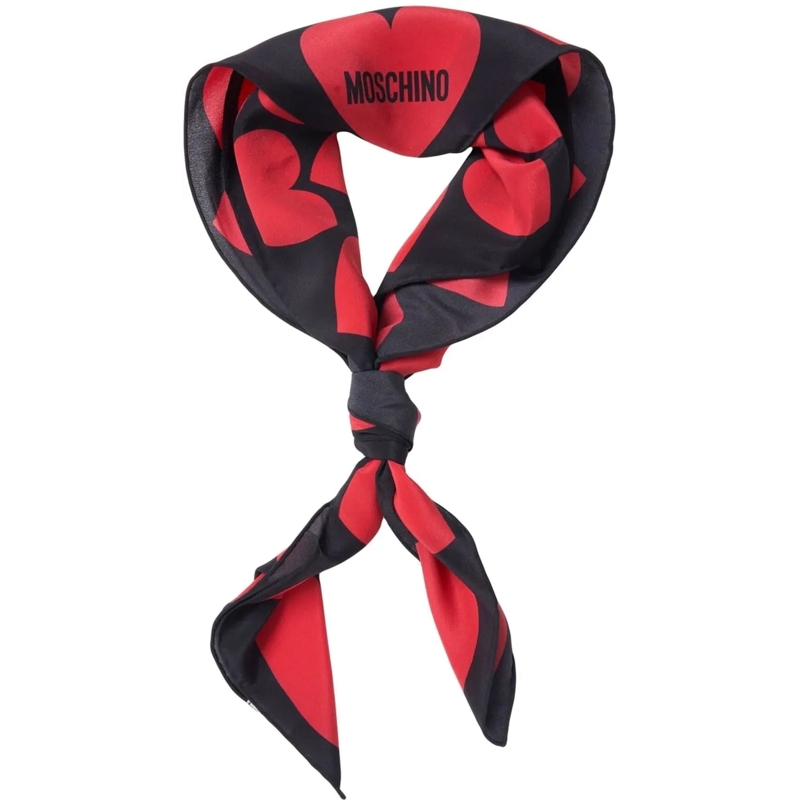 Moschino Écharpe en laine Silk foulard with heart print and logo print schwarz