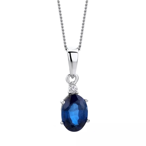 DIAMADA 9KT Created Sapphire - Diamond Pendant White Gold Mittellange Halskette
