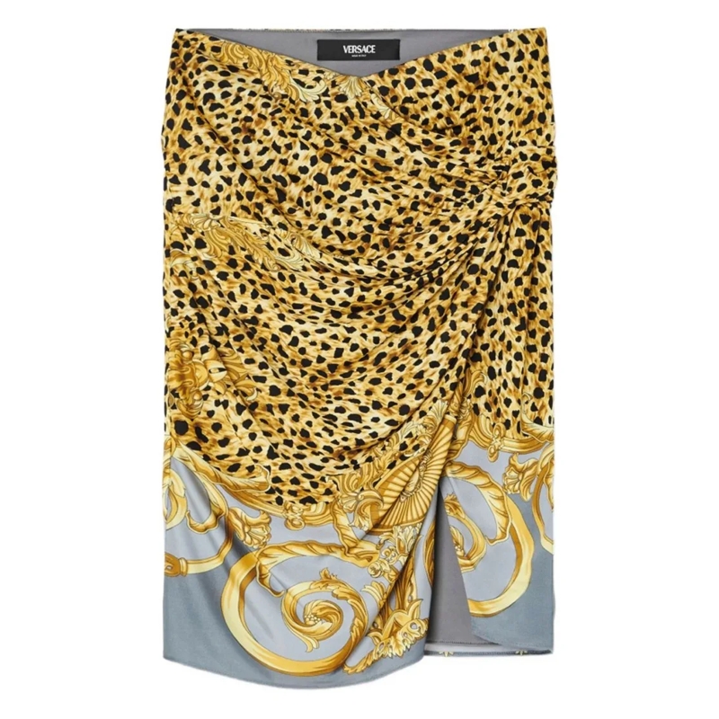 Versace Midirok Grey Cheetah Print Midi Skirt Brown