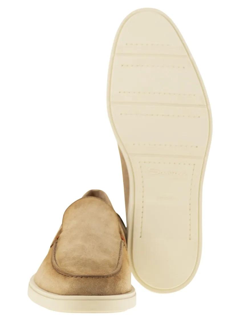Thumbnail - Santoni Loafer - Suede Moccasin With Orange Thread Detailing - Gr. 7_5 - in Beige - für Damen