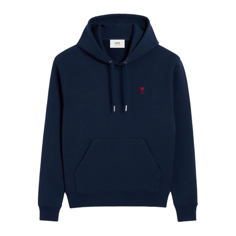 AMI Paris  Navy Blue Cotton Jersey Hoodie With Signature Mono Blue