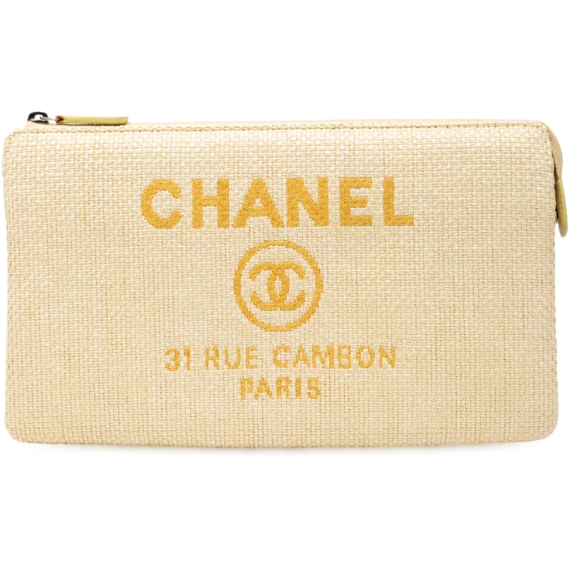 Chanel Pochette Medium Raffia Deauville O Case Clutch gelb