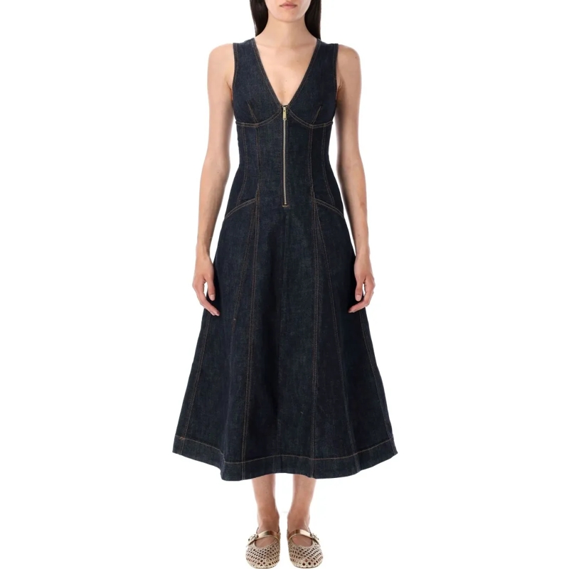 Self Portrait Midi-jurk Denim Midi Dress Blue