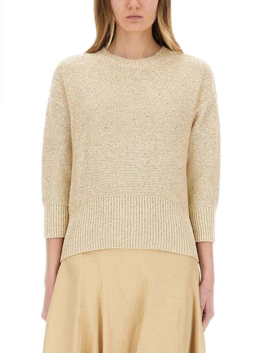 Thumbnail - Fabiana Filippi - Three-Quarter Sleeve Cotton Jersey Top With Ribbed - Größe 40 - beige
