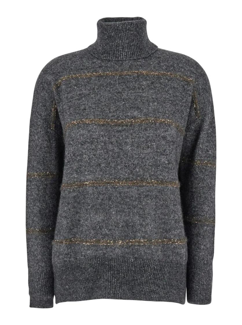 Brunello Cucinelli - Grey High Neck Sweater With Stripe Motif In Alpaca - Größe S - grau