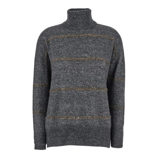 Brunello Cucinelli Rollkragenpullover Grey High Neck Sweater With Stripe Motif In Alpaca Grey