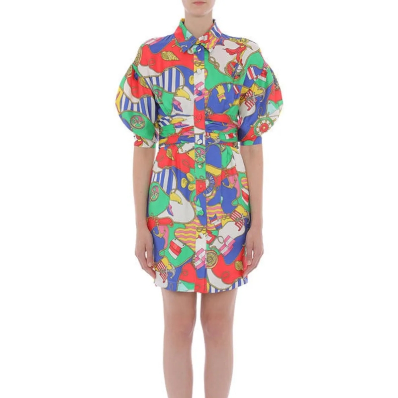 Moschino Minikleid Nautical-Themed Silk Dress With Puffed Sleeves Multicolor