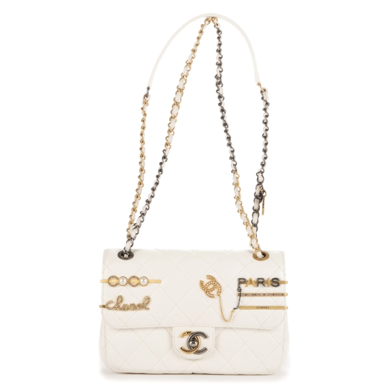Chanel Crossbody Bag Coco Clips Rhinestones Single Flap offwhite