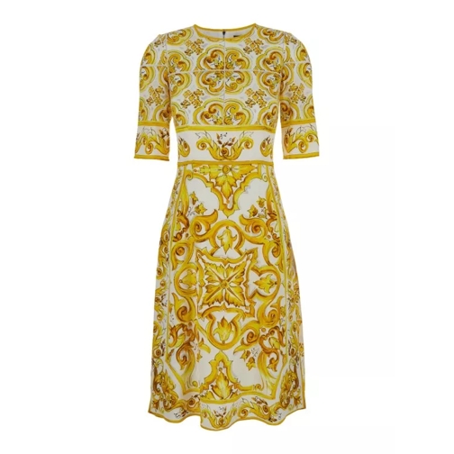 Dolce&Gabbana Midi Yellow And White Dress Wih Majolica Print In  Yellow 