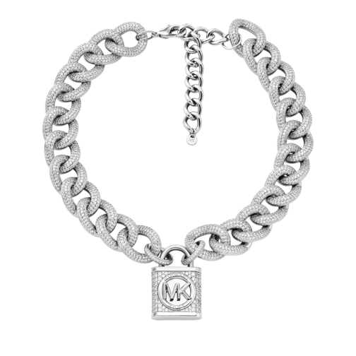 Michael Kors Platinum-Plated Brass Pavé Lock Statement Necklace Silver Collana media