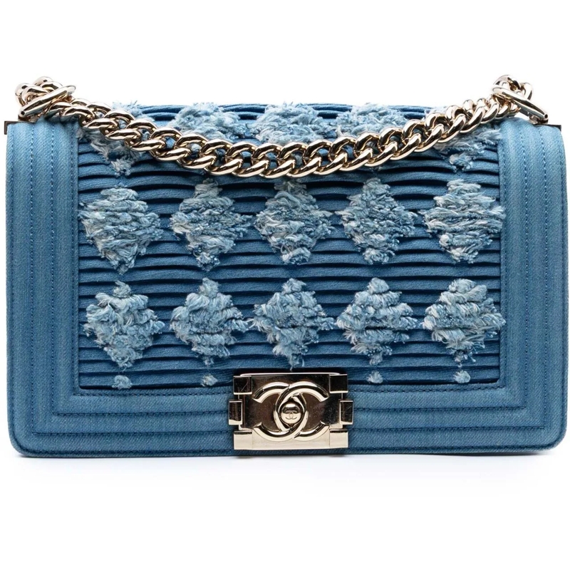 Chanel Sac à bandoulière Old Medium Pleated Denim Boy Flap blau
