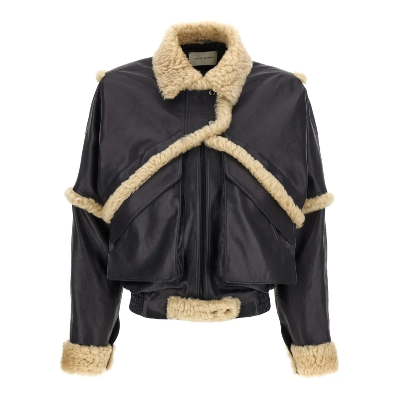 Magda Butrym Veste en cuir Leather Jacket With Unique Fur Insert Black