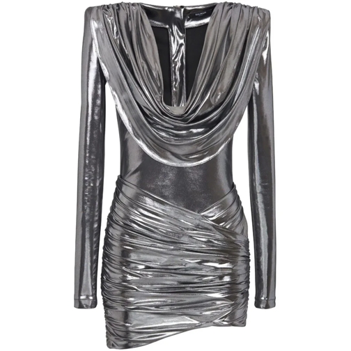 Balmain Silver Lame Cowl-Neck Mini Dress Silver Mini robes