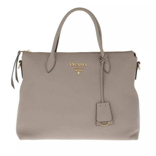 Prada Logo Handbag Calf Leather Clay Gray Rymlig shoppingväska