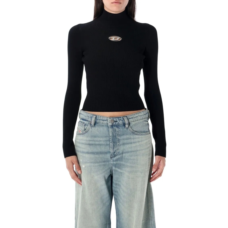 Diesel Langärmeliges Oberteil Mock-Neck Slim-Fit Top With Ribbed Design Black