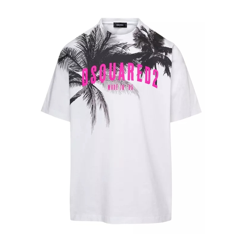 Dsquared2  White Crewneck T-Shirt With Palms Logo Print In Co White