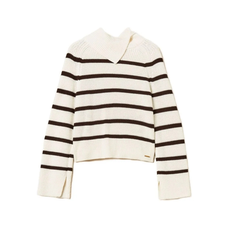 Twin-Set Pull à col roulé Ribbed Knit Sweater With Asymmetrical Neckline Neutrals