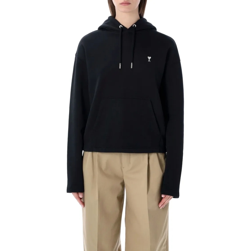 AMI Paris  Cropped Black Fleece Hoodie With Embroidered Detai Black