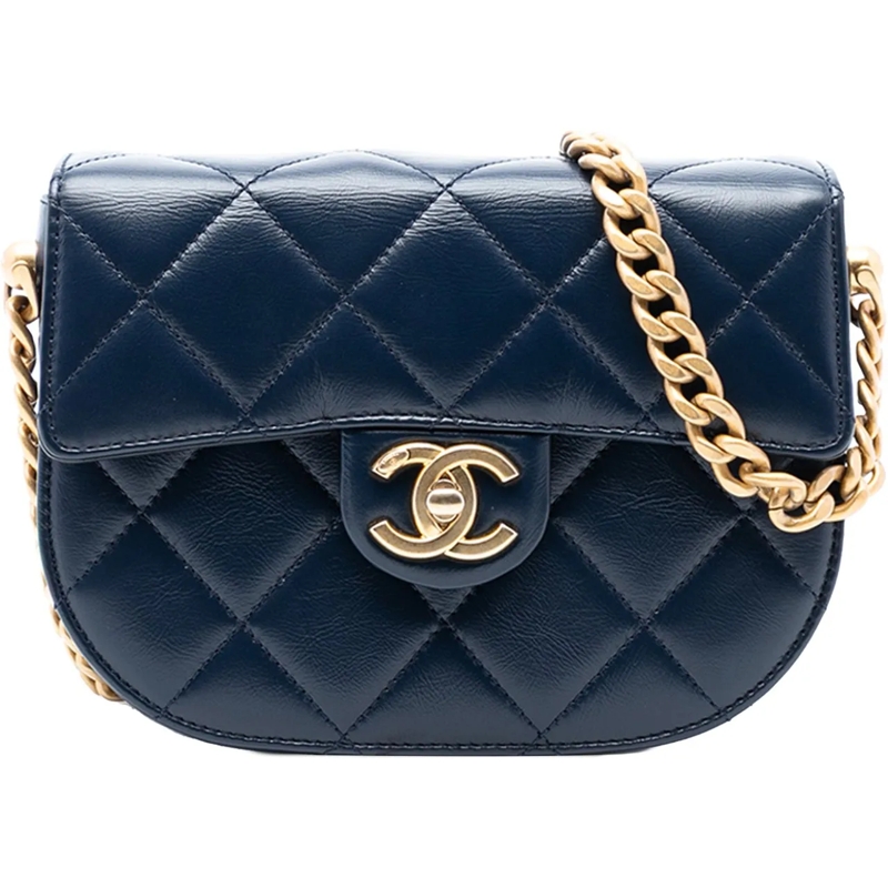 Chanel Schultertasche Mini CC Quilted Shiny Calfskin Round Moon Messenge blau