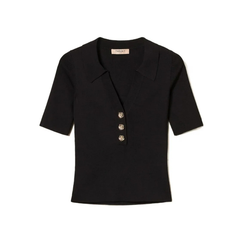 Twin-Set T-shirt Fitted Black Short-Sleeve Top With Classic Collar Black