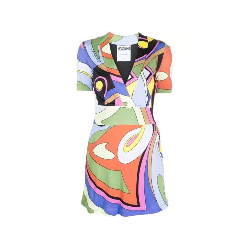 Moschino Robe Multicolor Geometric Print Short V -Neck Dress Multicolor